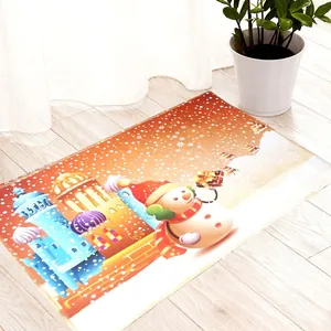 Christmas snowman and castle print rectangular non-slip floor mat on wood floor