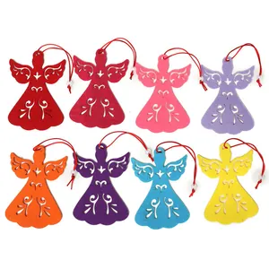 Set of 8 colorful felt angel ornaments with intricate cutout patterns for Christmas decor