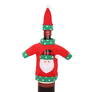 Housse de bouteille de Noël avec broderie Père Noël et pull en tricot rouge avec chapeau