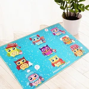 Christmas mat with cartoon owls on blue background, non-slip absorbent sponge floor rug
