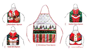 Detailed grid of five festive Christmas aprons with reindeer and Santa Claus patterns