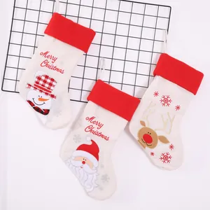 Embroidered Burlap Christmas Stockings Santa Snowman Reindeer Xmas Gift Bags Large Hanging Holiday Decor For Home Party