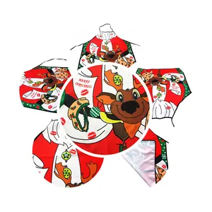 Detail of Christmas apron featuring Santa and Reindeer prints with Merry Christmas text