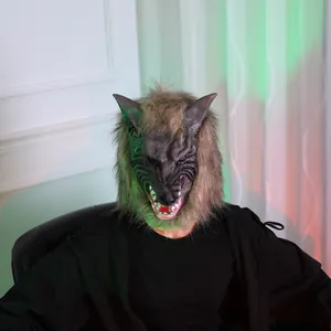 Close-up of realistic werewolf mask with dark brown faux fur and detailed latex facial textures