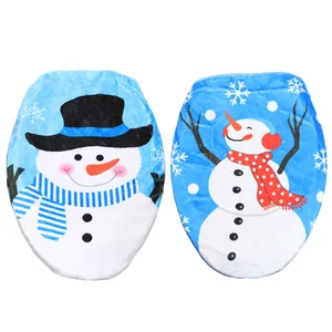 Christmas snowman print toilet lid cover and rug set with snowflakes on blue background