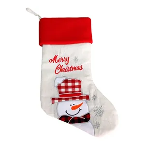 Detail of 20 inch linen Christmas stocking with embroidered snowman and Merry Christmas text