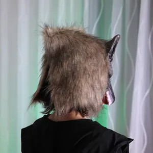 Close-up of the realistic brown faux fur and detailed beast ears on the werewolf mask