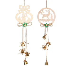 Christmas wooden snowman and reindeer ornaments with golden bells and hemp rope hanging
