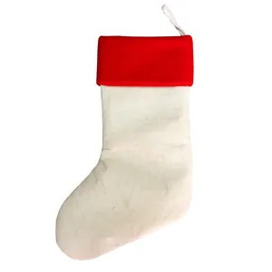 Detail of a 20-inch white linen Christmas stocking with red cuff and hanging loop