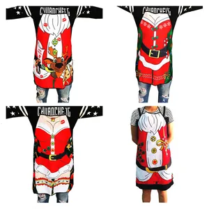 Collage of four festive Christmas aprons featuring reindeer and Santa Claus costumes