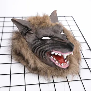 Brown faux fur wolf mask with sharp teeth for Halloween and cosplay parties