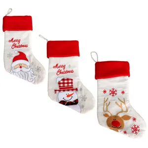 Detailed embroidery of Santa, Snowman, and Reindeer on 20-inch linen Christmas stockings
