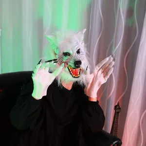 Detail of werewolf mask and claws with white fur for Halloween spooky masquerade