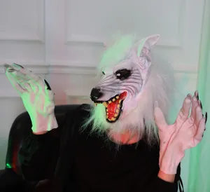 Detailed werewolf costume set with white fur mask and long claw gloves for Halloween