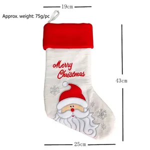 20-inch linen Christmas stocking with Merry Christmas embroidery and Santa Claus print