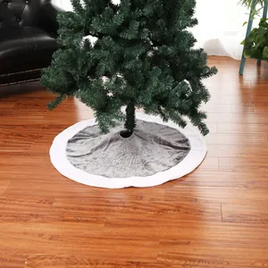 Grey and white 90cm Christmas tree skirt with festive embroidery on plush fabric