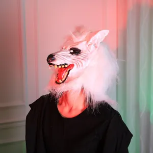 Realistic white werewolf mask with faux fur and sharp yellow teeth for Halloween costume