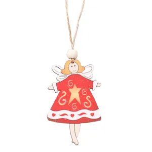 Weihnachtsengel Holzanhänger mit rotem Kleid und Goldsternen für Baumschmuck im 2er-Set