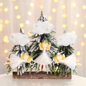 Three handmade angel ornaments with white sequin skirts and clouds for Christmas tree
