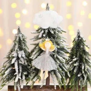 Handmade white plush cloud ornament with golden hair angel in silver sequin mesh dress