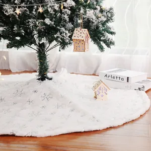 White plush Christmas tree skirt with silver sequin snowflake embroidery decorations