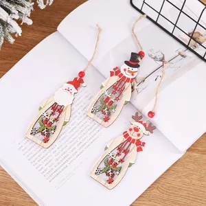 Christmas Wooden Hanging Ornament Hollow Out Santa Claus Reindeer Candle Design For Xmas Tree Decor Home Party Decoration