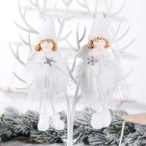 Anges de Noël en peluche blanche avec jupes en plumes et étoiles argentées pour sapin