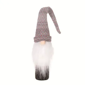 Christmas gnome wine bottle cover with grey knitted heart hat and white faux fur beard