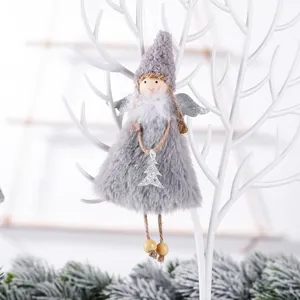Handmade plush Christmas angel ornament with gray hat and silver sequined wings