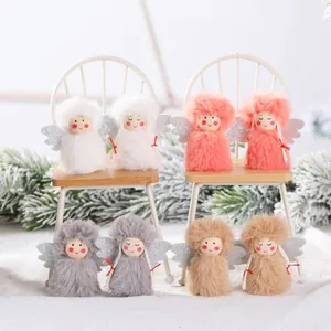 Adornos Colgantes de Ángel de Peluche de Navidad Hechos a Mano Con Cabeza de Madera Alas de Brillo Plateado Niño Y Niña Decoración