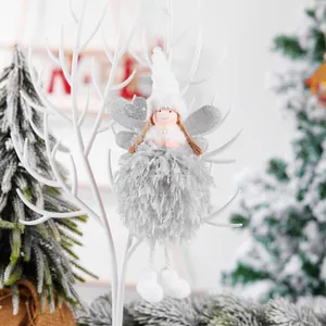 Creative Christmas angel fairy ornament with white plush and grey feather skirt