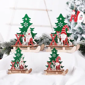 Décoration de Bureau Traîneau de Noël en Bois DIY Avec Père Noël Sapin Lettres Xmas Ornement de Table en Bois Peint