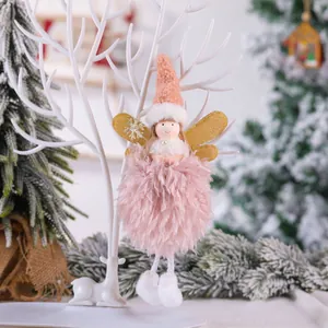 Pink plush Christmas angel fairy hanging ornament with gold wings for tree decoration