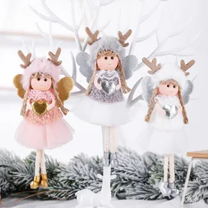Three plush angel girl ornaments with reindeer hats and tulle skirts for Christmas tree decor