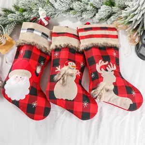 Red Black Plaid Christmas Stockings Burlap Faux Fur Santa Snowman Reindeer Hanging Christmas Tree Decoration Gift Bag