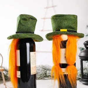 St. Patrick's Day leprechaun wine bottle cover with green hat and orange beard