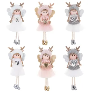 Set of 6 plush Christmas angel dolls in pink white and grey with glitter wings and stars