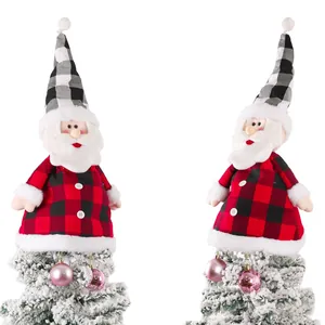 Christmas tree topper set with red and black buffalo plaid Santa dolls decorations