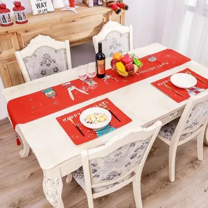 Christmas Table Runner Placemats Linen Blend Red Holiday Animal Pattern Tassel Xmas Decorations For Dining Room Home