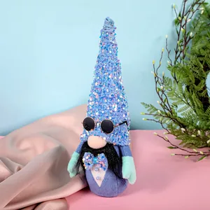 Charming faceless gnome doll with blue sequined hat and sunglasses for wedding decor