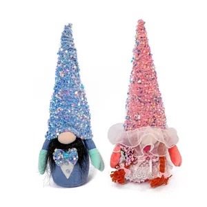 Handmade wedding gnome plush set with blue and pink sequin hats for home shelf decor