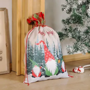 Christmas Gnome drawstring gift bag with plaid trim and festive forest scene print