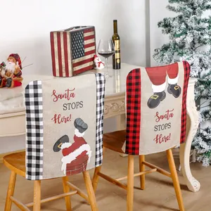 Housses de chaise de Noël motif Père Noël et cheminée en tissu à carreaux rouge et noir