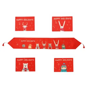 5-piece red linen Christmas table runner and placemats set with cartoon animals