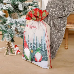 Christmas gnome drawstring gift bag with festive plaid top and forest pattern design