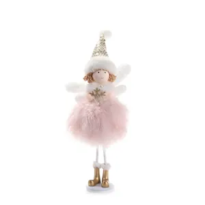 Pink feather angel doll Christmas ornament with gold sequins and snowflake accent