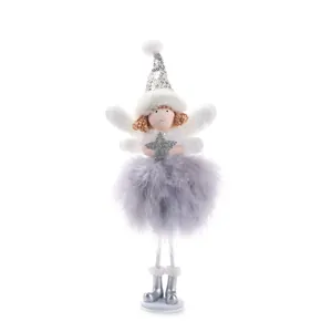 Detail of angel Christmas tree ornament with silver sequin hat and feather skirt