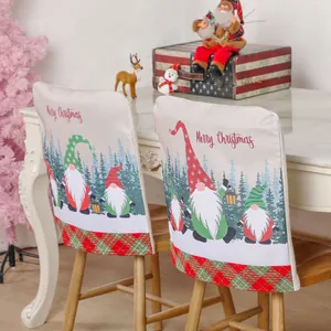 Christmas gnome chair covers with red plaid patterns and Merry Christmas text