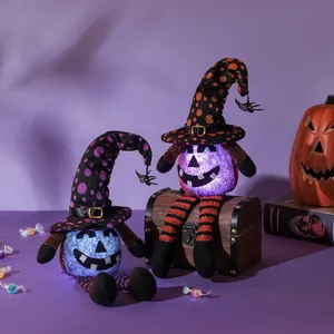 Halloween LED Light Up Pumpkin Gnome Plush Doll Witch Hat Spider Long Leg Striped Sitting Ornament Holiday Home Party Decor