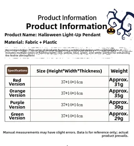 Detailed size chart for Halloween glowing wizard hat pendants with dimensions and weights